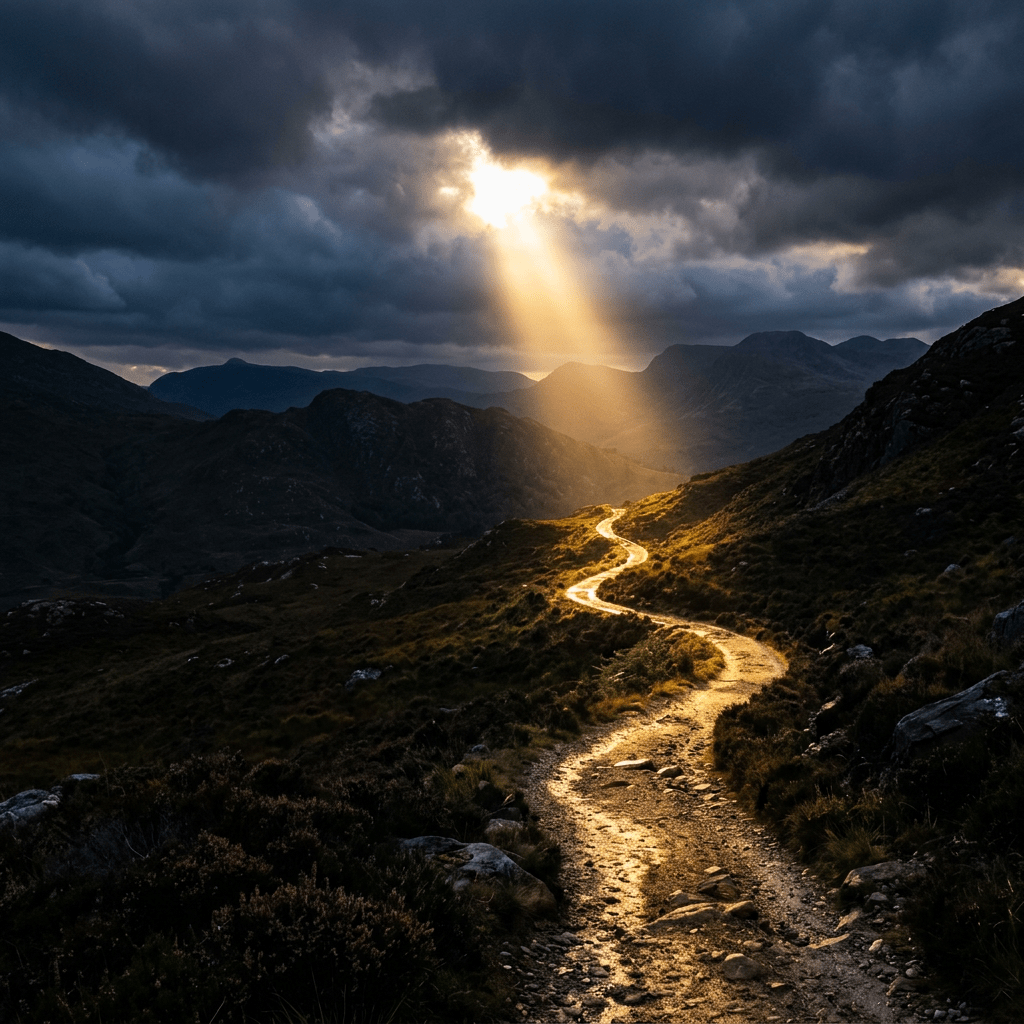 Winding mountain path illuminated by sunlight breaking through dark clouds
