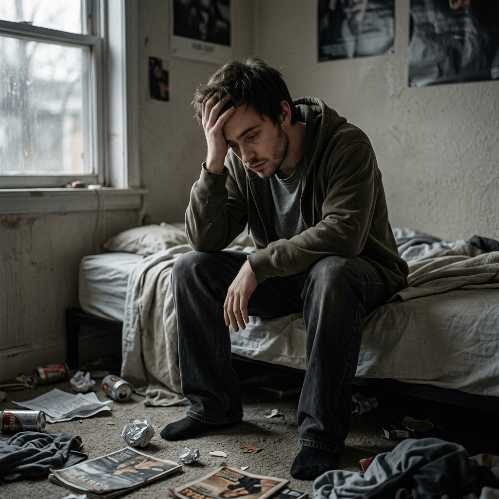 Young man sitting on bed, looking distressed with hand on head in cluttered bedroom