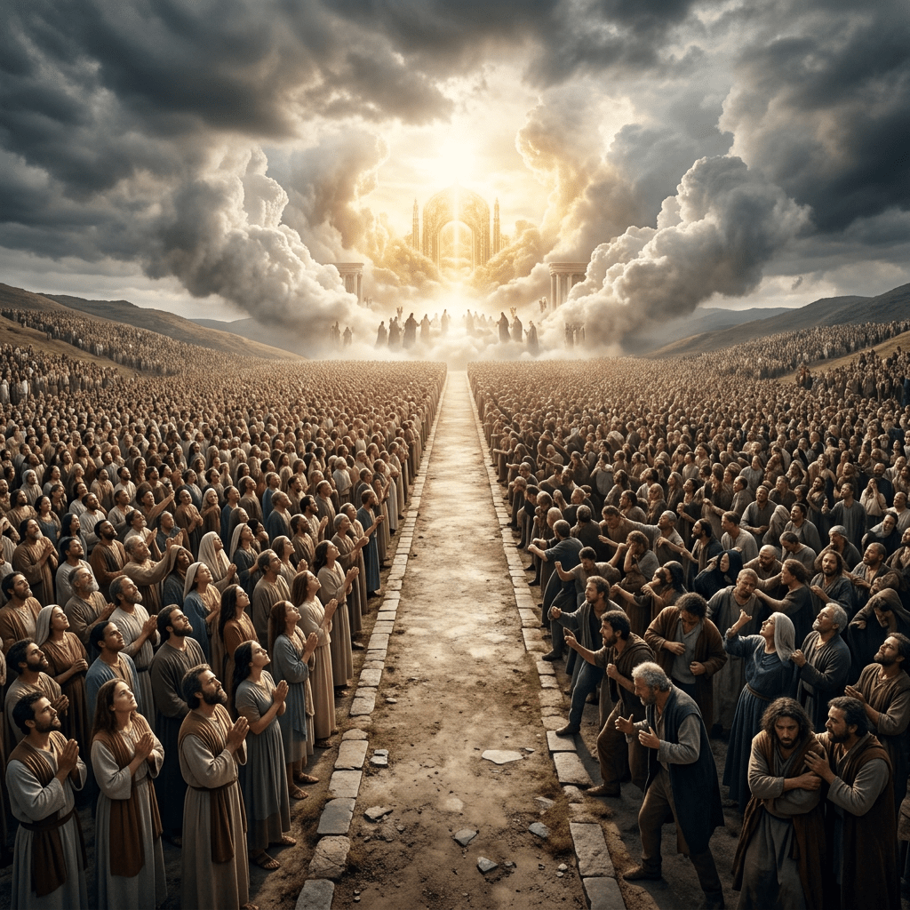 Large crowd of people facing glowing golden gates in the sky amid clouds