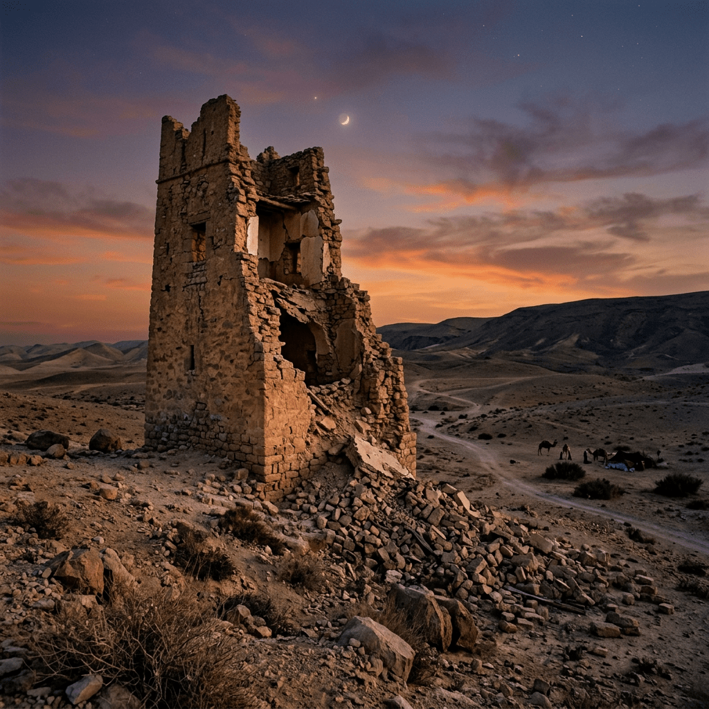 Partially collapsed ancient stone tower in desert with crescent moon at twilight