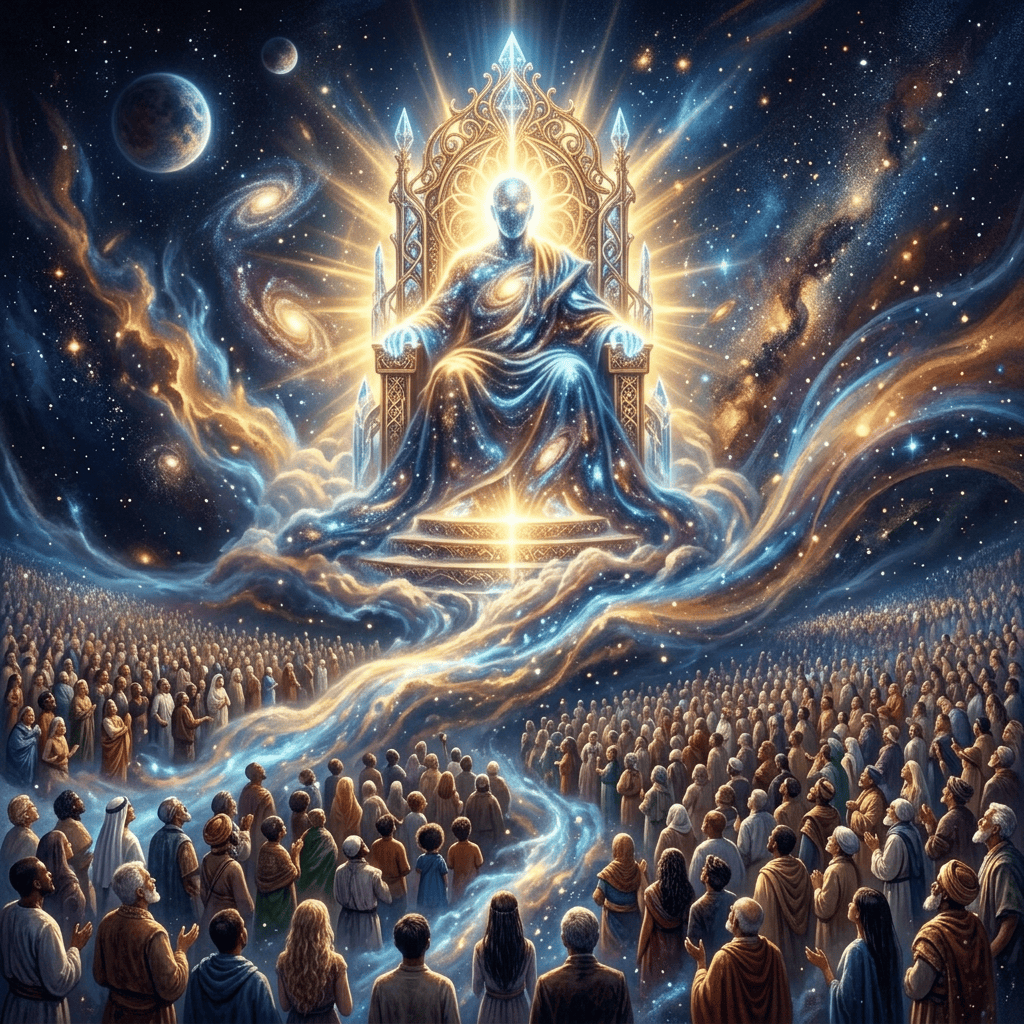 Hourglass floating in a star-filled cosmos with swirling golden and blue light
