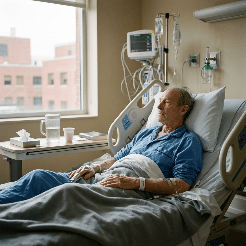 Man resting in hospital bed connected to medical monitoring and IV equipment